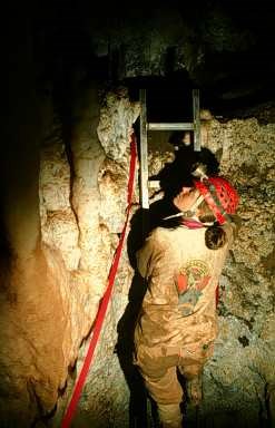 Cave specialist climbs ladder next to protective red flagging tape on the Column Pit in Soldiers Cave