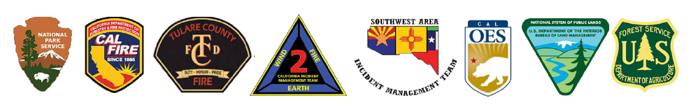 Eight logos for state, county, and federal agencies that are managing the KNP Complex fire.
