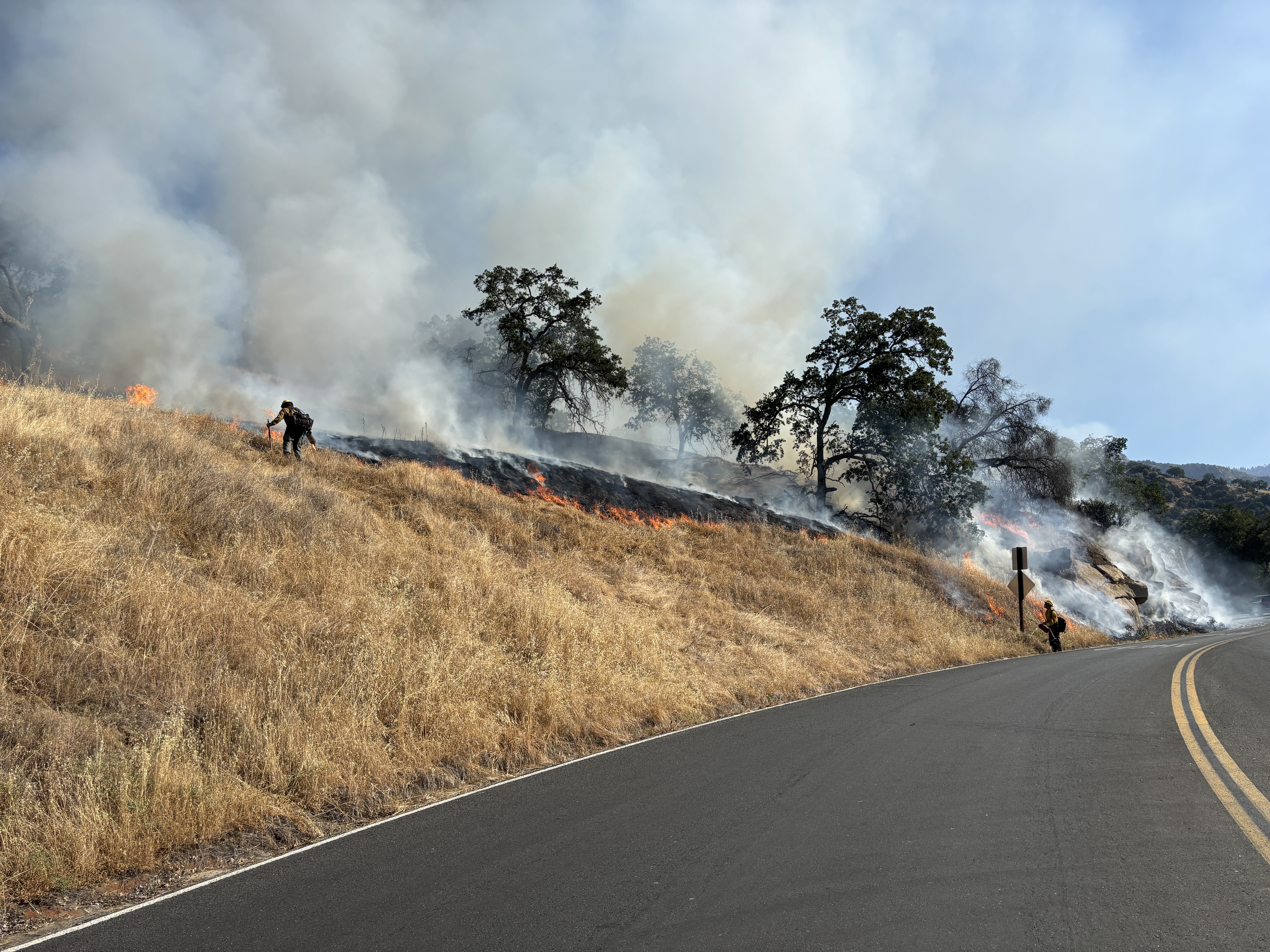Firefighters work along the Generals Highway, just inside the entrance to Sequoia National Park.