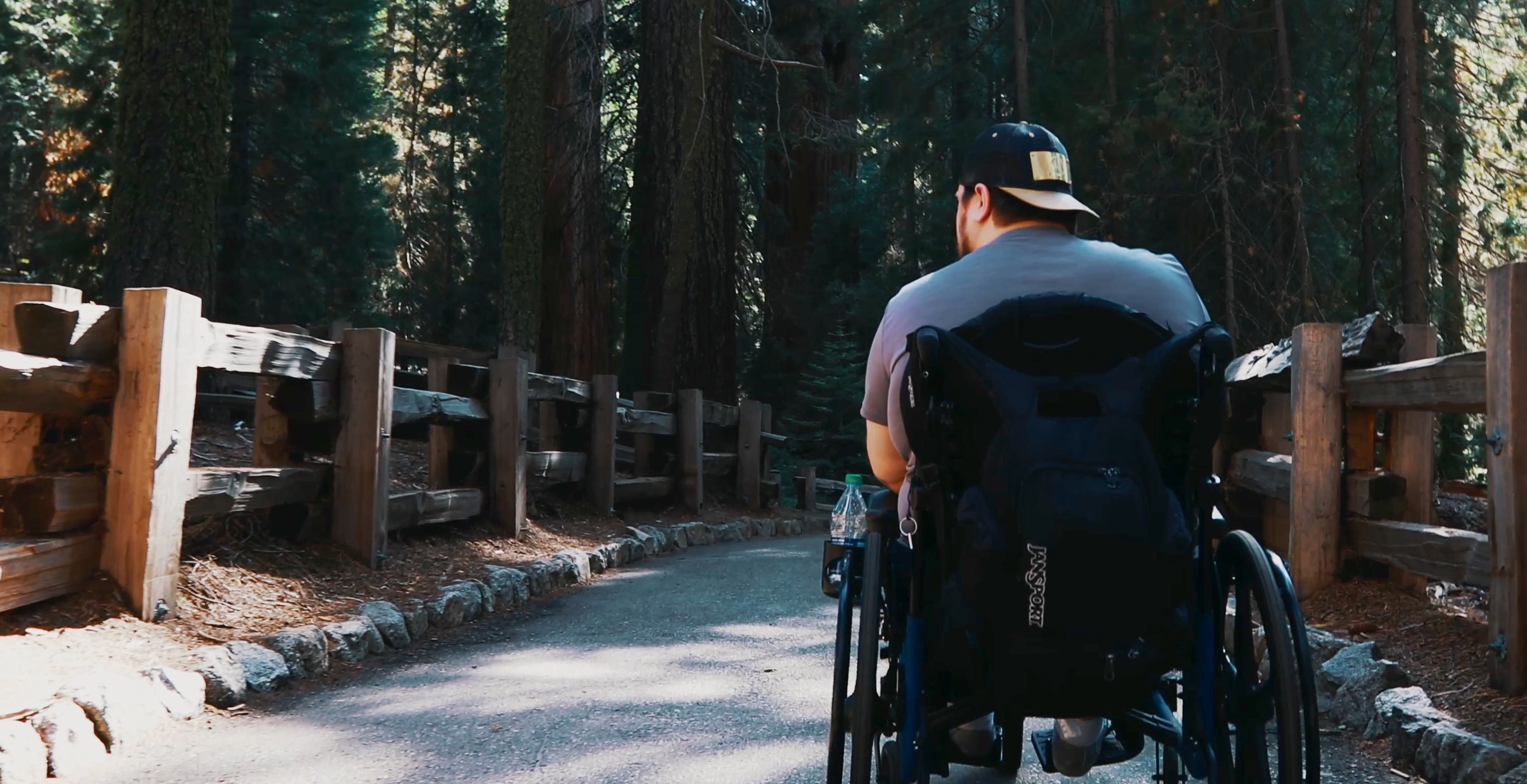 A man in a wheelchair on a gravel path in a conifer forest