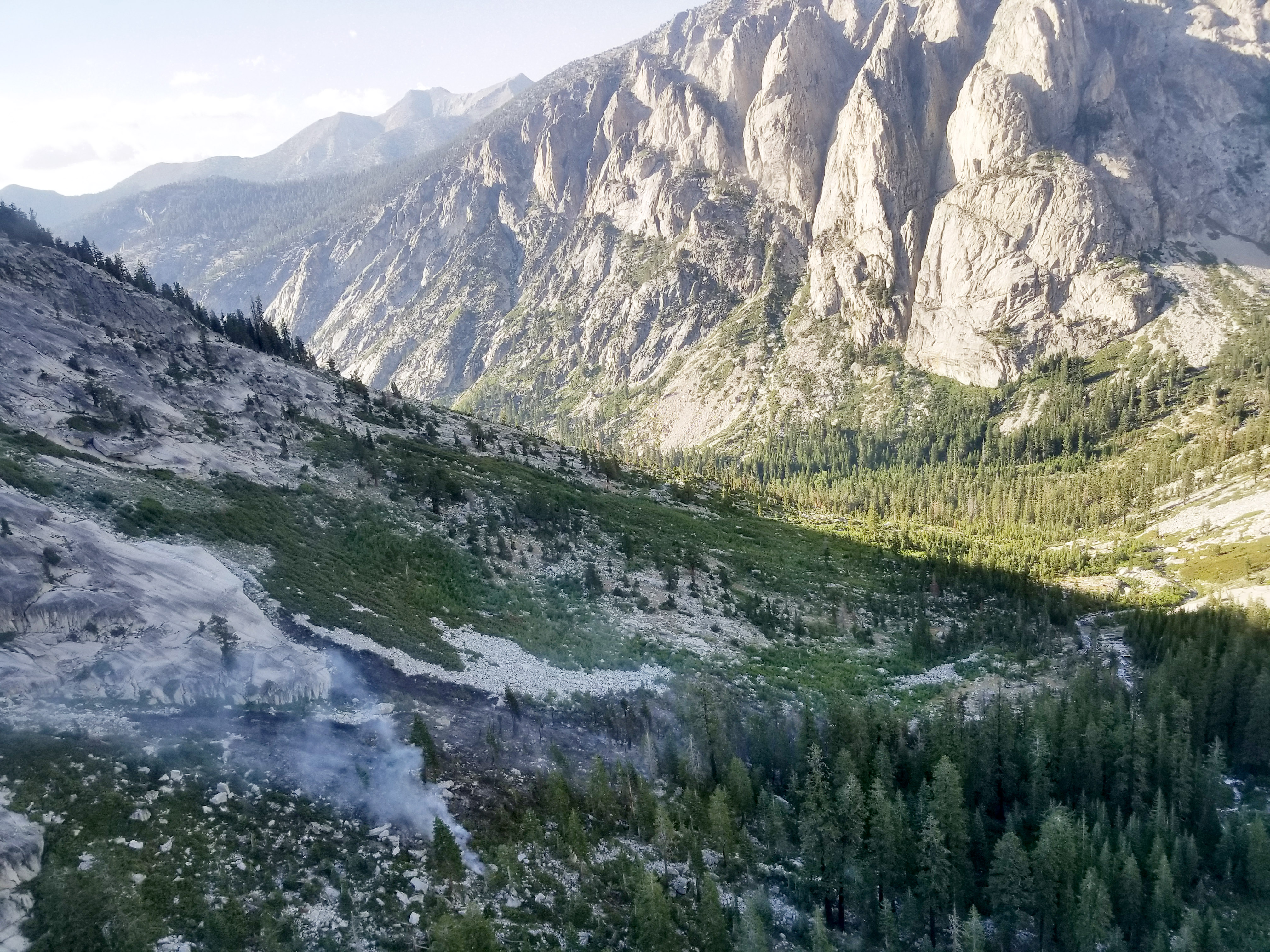 The East Creek Fire as seen from the Sequoia and Kings Canyon National Parks' fire helicopter. The view is looking north downhill towards Bubbs Creek.