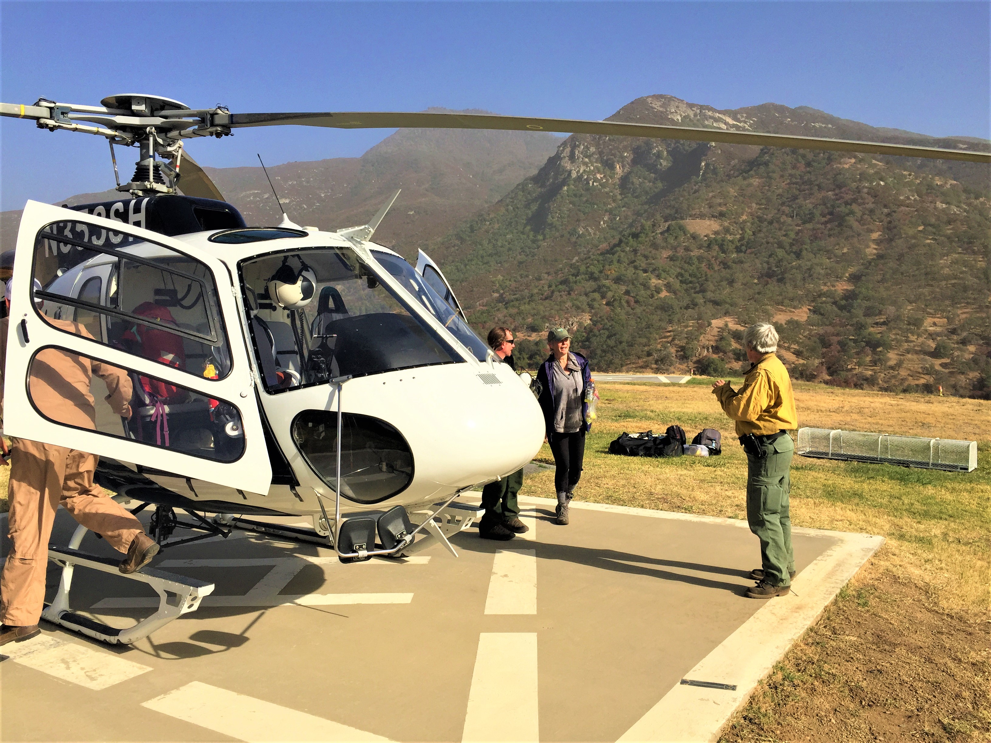 Rescuers and rescued woman getting out of a helicopter immediately after landing safely