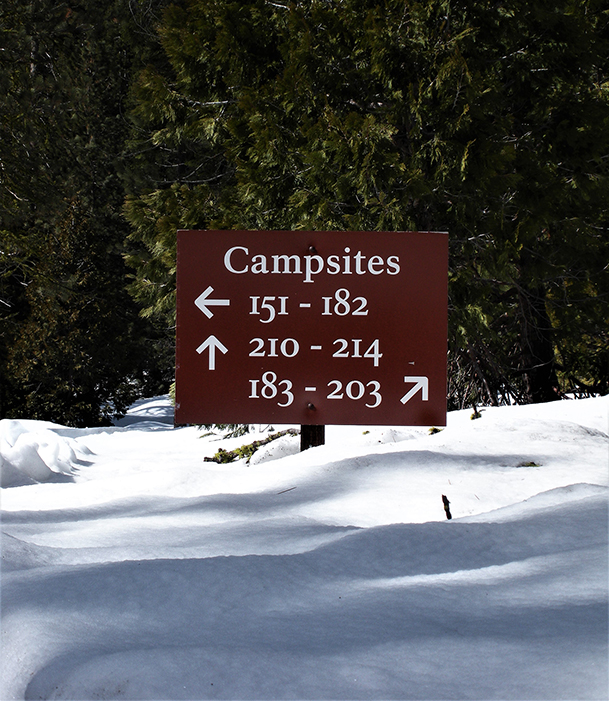 A wooden sign pointing to campsites is half buried by snow