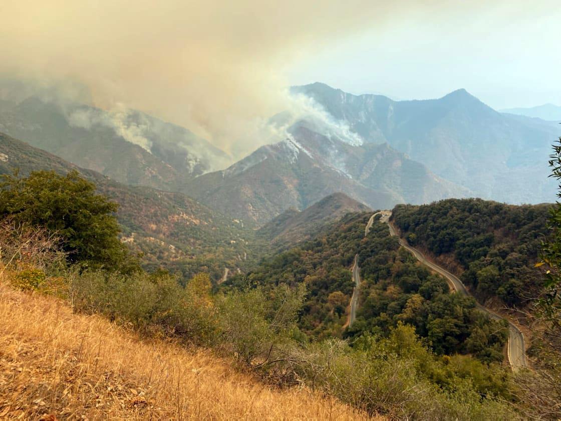 Smoke rises above the Paradise Fire, forming clouds of brown haze.