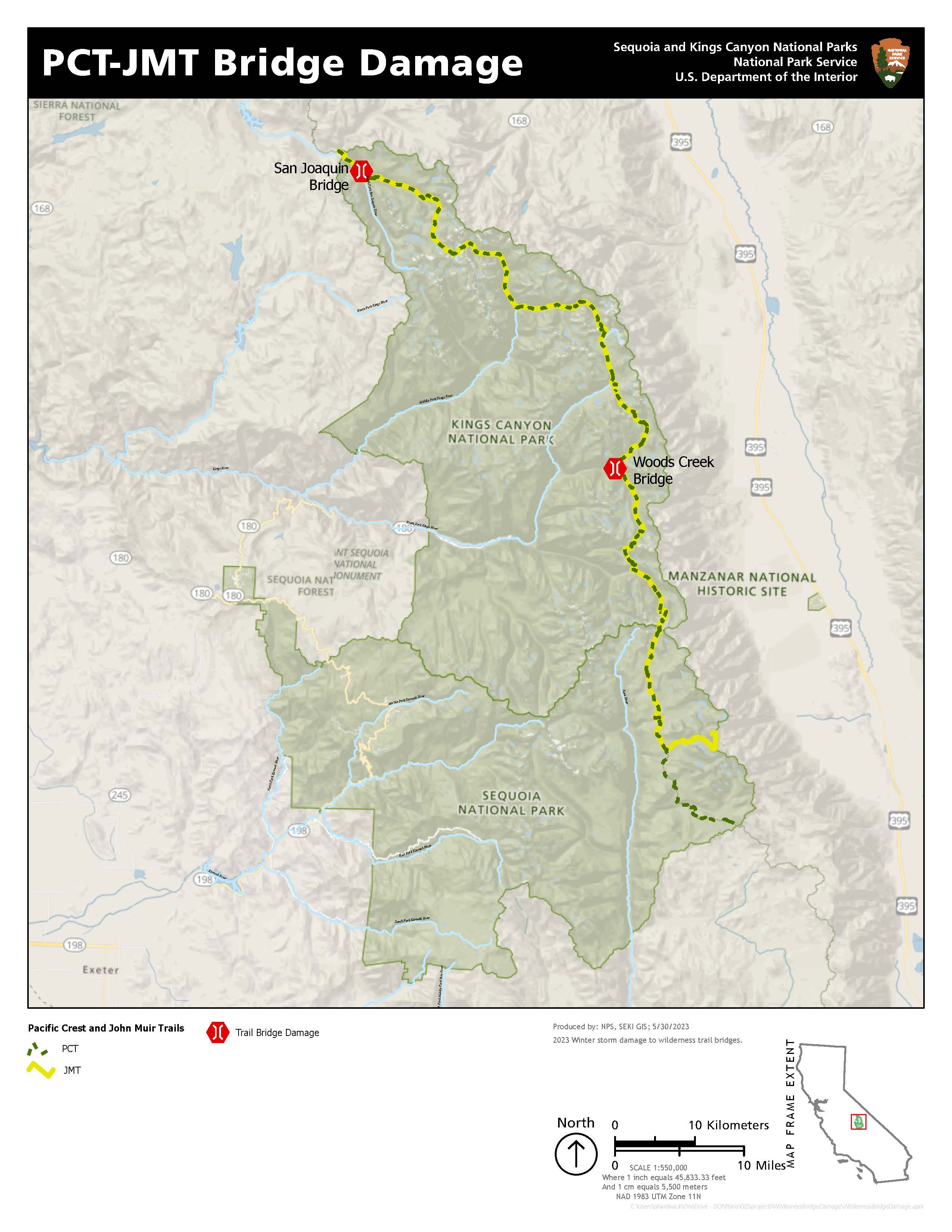 Map showing San Joaquin and Woods Creek Bridges out in the wilderness of Kings Canyon National Park