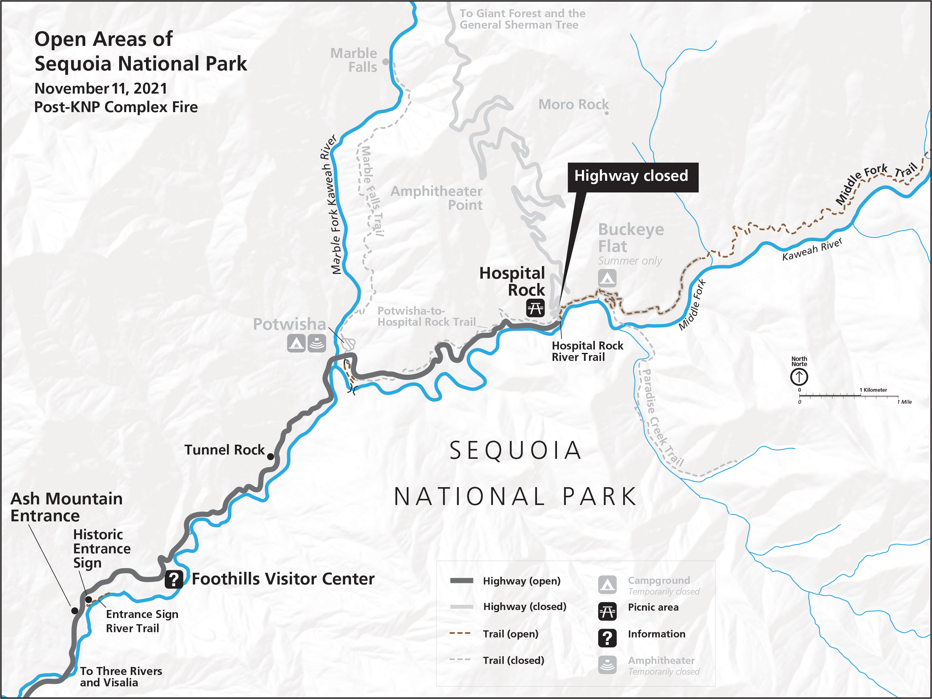 A map showing highway open between Ash Mountain Entrance Station and Hospital Rock Picnic Area.