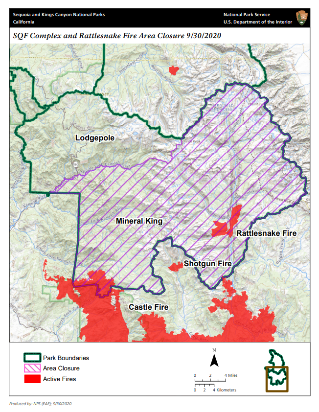 Image of the area closure beginning on October 1st for Sequoia National Park, made up of mostly wilderness area and also including Mineral King area.