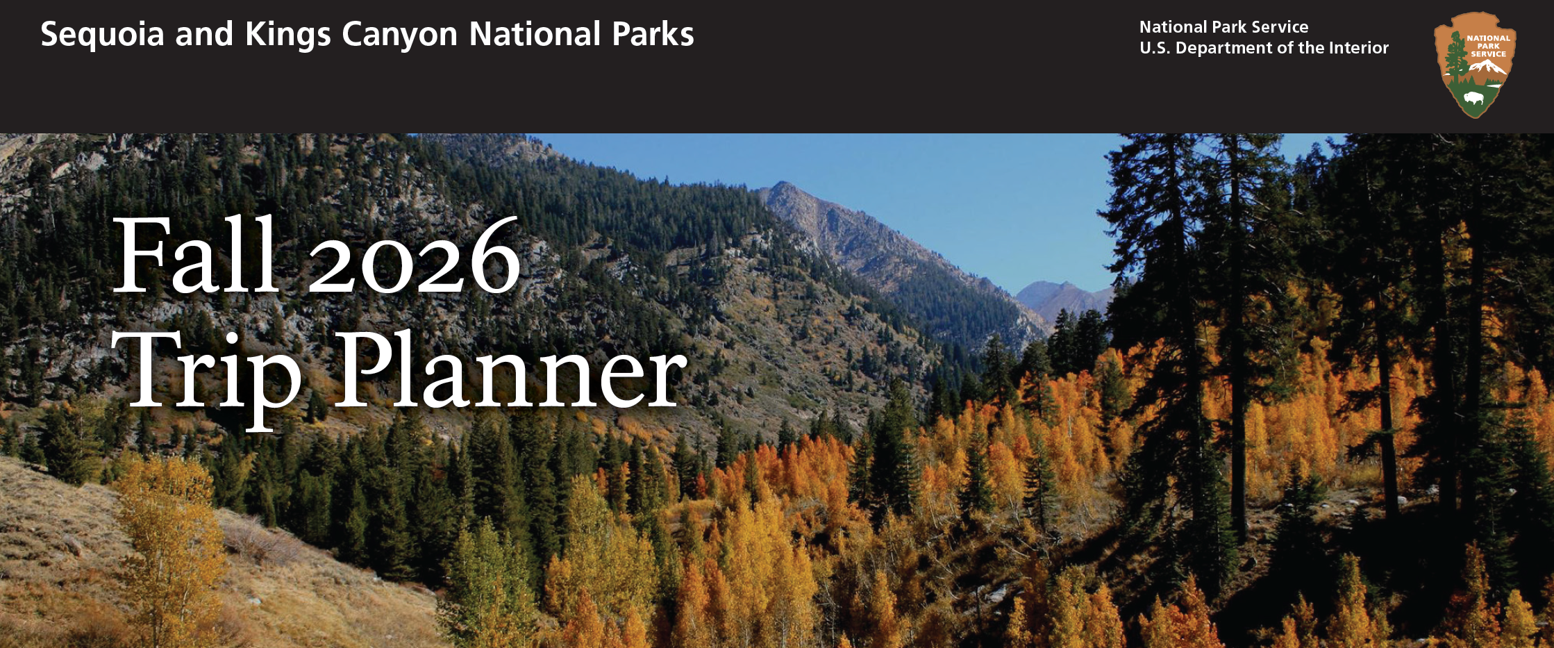 An image of a scenic mountain area with dark, almost silhouetted slopes, and a section of sunlit forest with bright autumn-colored leaves. The words "Fall 2026 Trip Planner" are overlaid on the image.