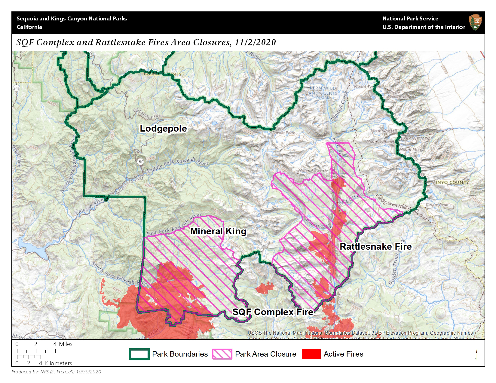 A closure map for the southern part of Sequoia National Park. The closed areas are fuchsia colored and hashed, the map is mostly green background, and the red areas are the fires' perimeter.