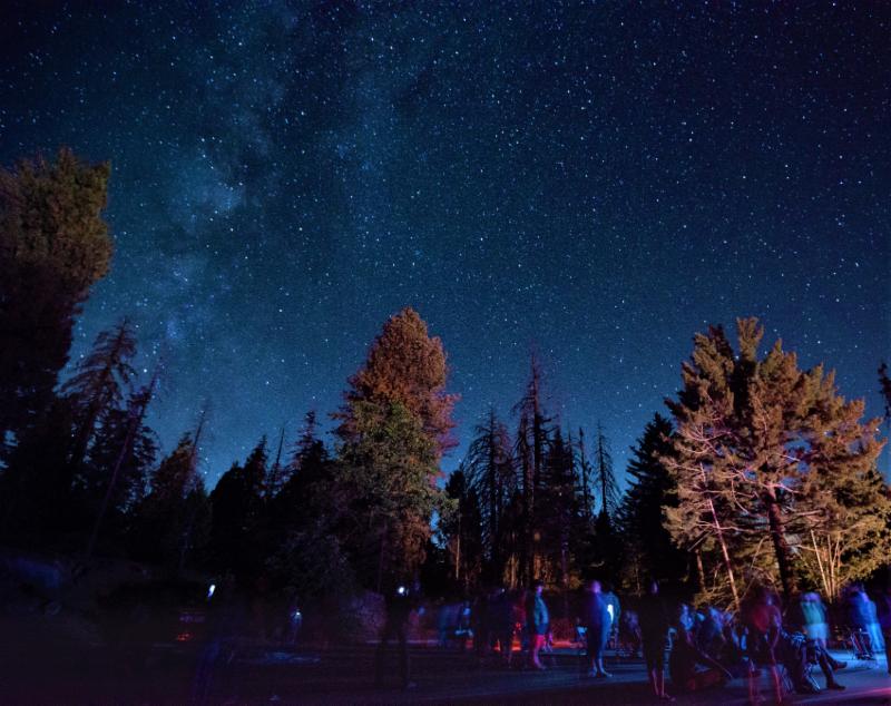 a group gathers under a dark and starry sky