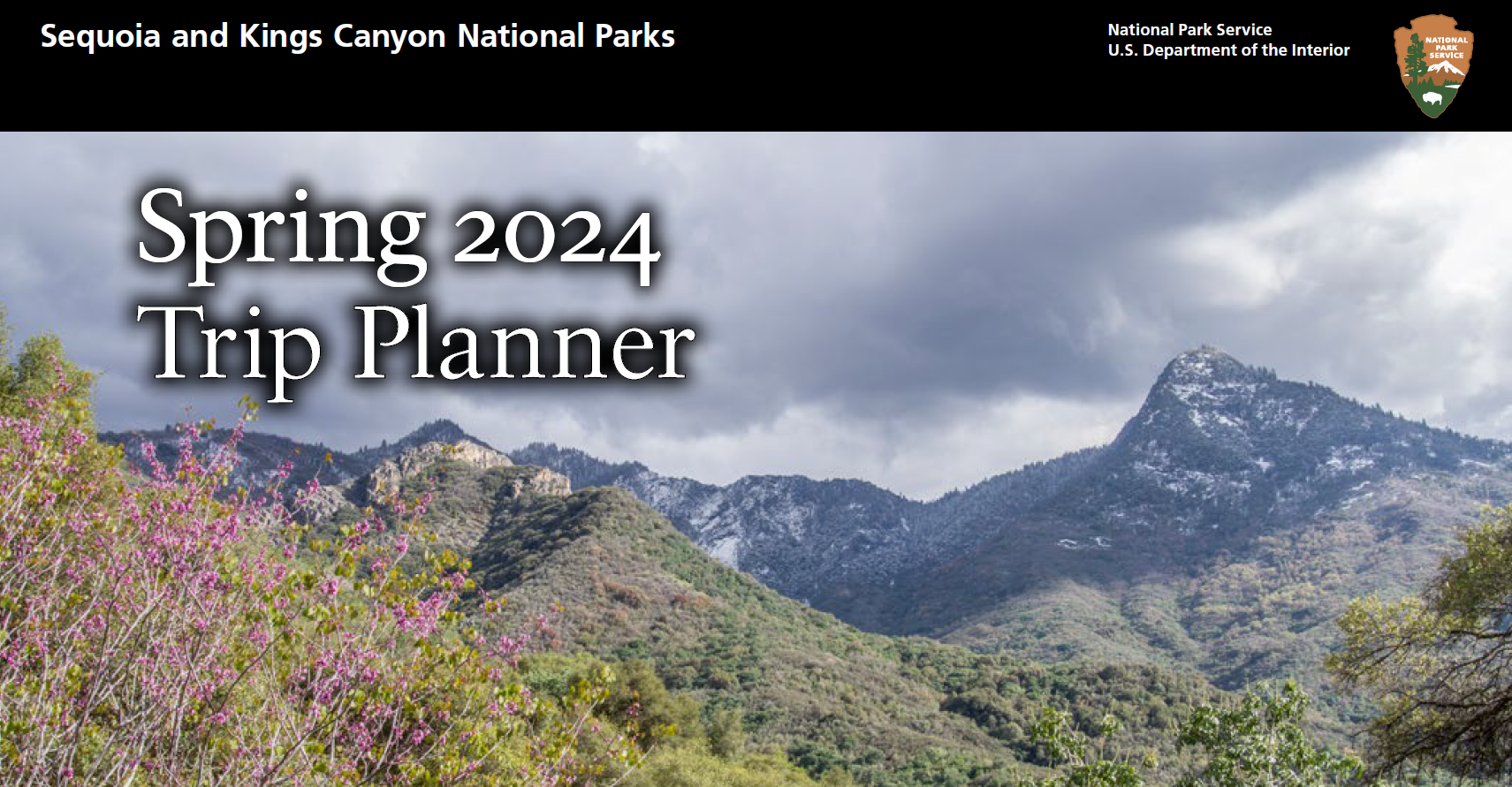 Dark clouds over a snowy mountain ridge, below which is a green hillside with purple buds on a bush. The words "Spring 2024 Trip Planner" is printed over the sky.