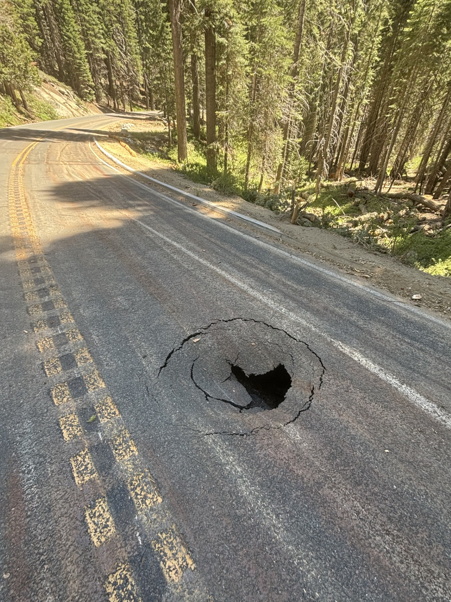Sink Hole A visible sink hole on the Generals Highway near Stoney Creek between Sequoia and Kings Canyon National Parks.