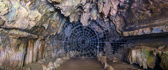 A spiderweb shaped gate acts as the opening to a large marble cave.