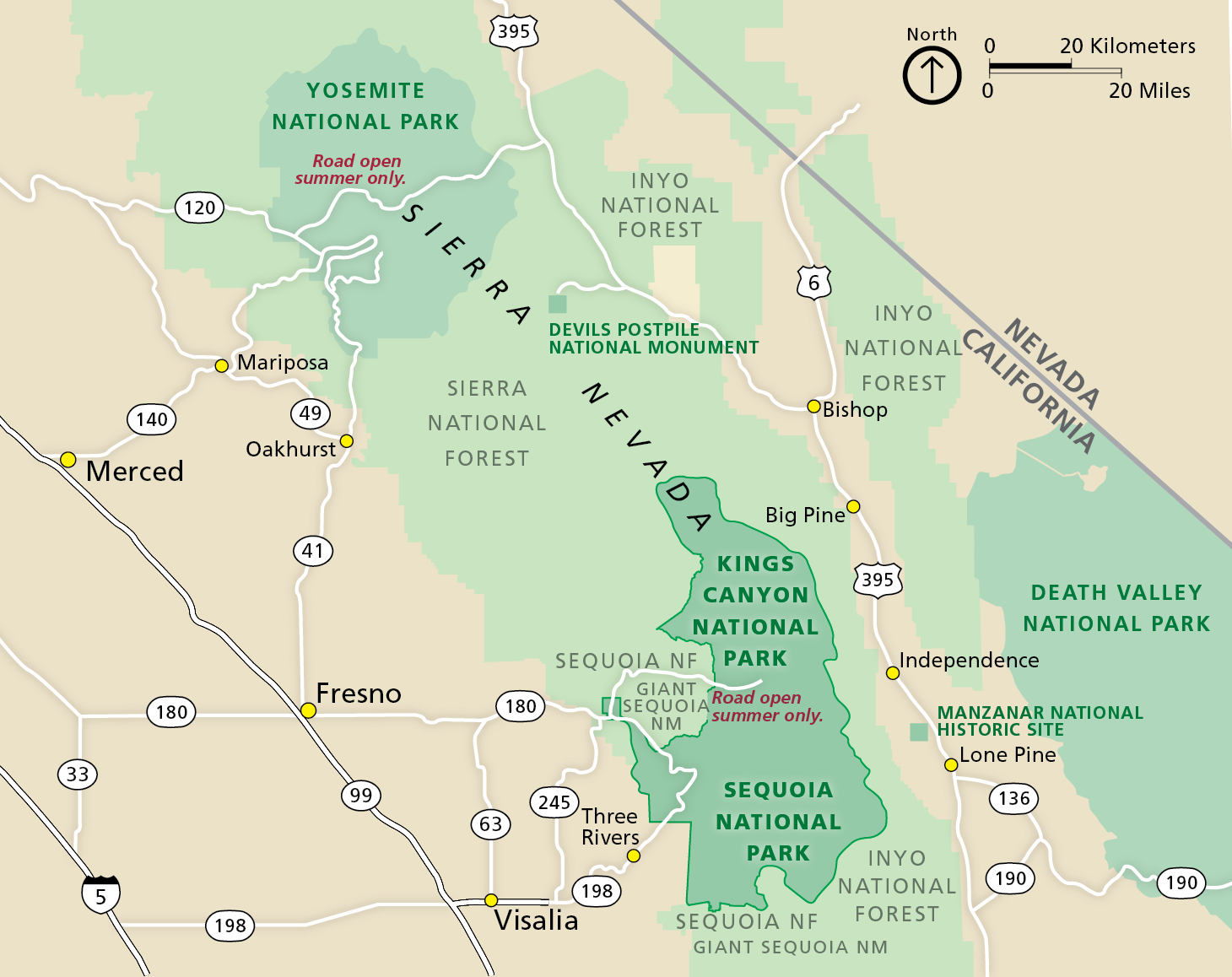 a map of area highways and surface roads surrounding the parks