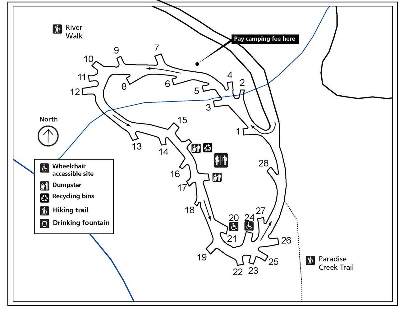 A map showing campground sites arranged in a counterclockwise circle