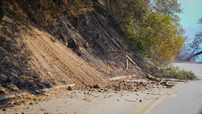 Rocks, loose soils, and trees fall downslope onto a winding, paved road.