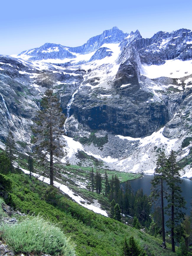 A view of Hamilton Lake from a mountain ridge