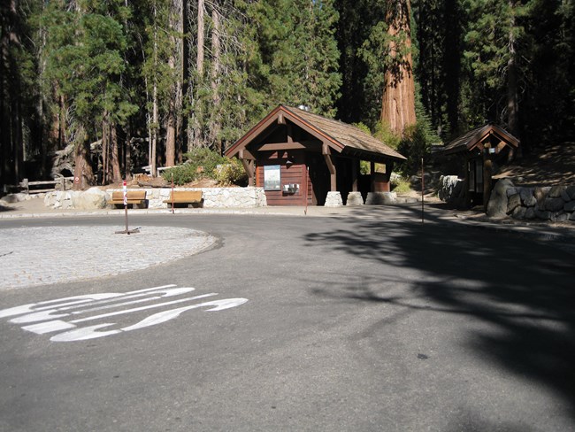 An image of the General Sherman Tree Accessible Parking Lot, including restrooms and traffic circle.