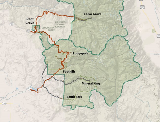 A map showing developed areas of Sequoia and Kings Canyon