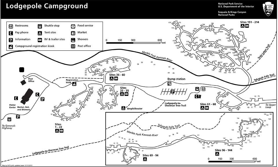 A map showing sites at Lodgepole Campground and buildings at nearby Lodgepole Village