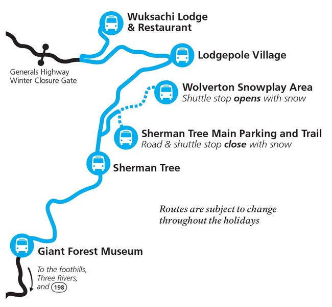 A map of fall and winter holiday shuttle service in the Giant Forest of Sequoia National Park. The route is indicated with a blue line. Stops are indicated with blue circles containing a bus symbol..