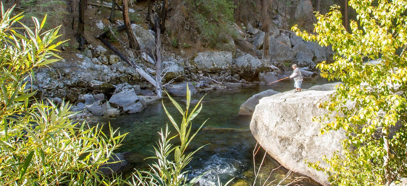 A person perched on a high rock fishes in a park river twenty or more feet below.