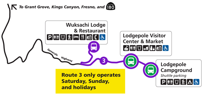 A map showing shuttle Route 3 in the Giant Forest area of Sequoia National Park. Route 3, which is indicated with a purple line and runs only on Saturday, Sunday, and holidays, serves Wuksachi Lodge and the Lodgepole Visitor Center, Market, and Campground