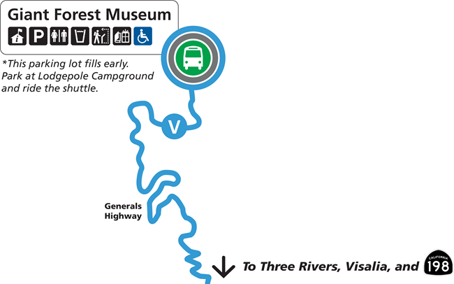 A map that shows the portion of shuttle Route V in the Giant Forest area of Sequoia National Park. Route V, indicated with a blue line, travels between the city of Visalia, the town of Three Rivers, and Giant Forest Museum.