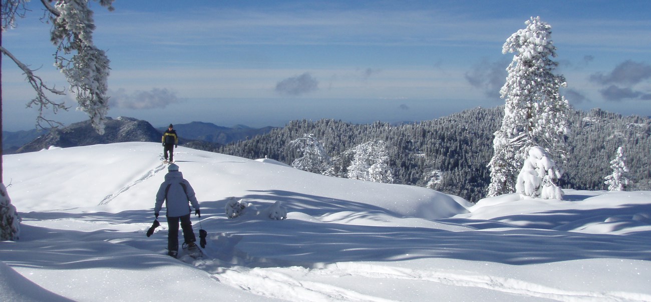 Two snowshoers in a snowy mountain landscape