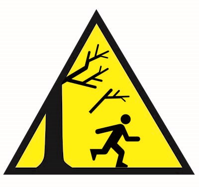 A cartoon of a person running from below a falling tree branch.