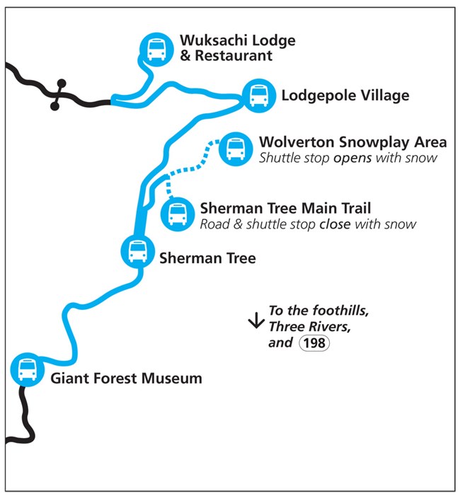A map showing the route of the winter holiday shuttle, with stops at major facilities in the Giant Forest and Lodgepole areas.