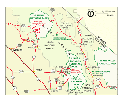 A map showing Sequoia & Kings Canyon National Parks and surrounding lands