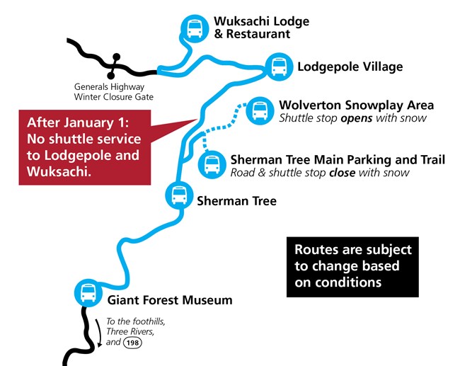 A map of fall and winter holiday shuttle service in the Giant Forest of Sequoia National Park. The route is indicated with a blue line. Stops are indicated with blue circles containing a bus symbol..