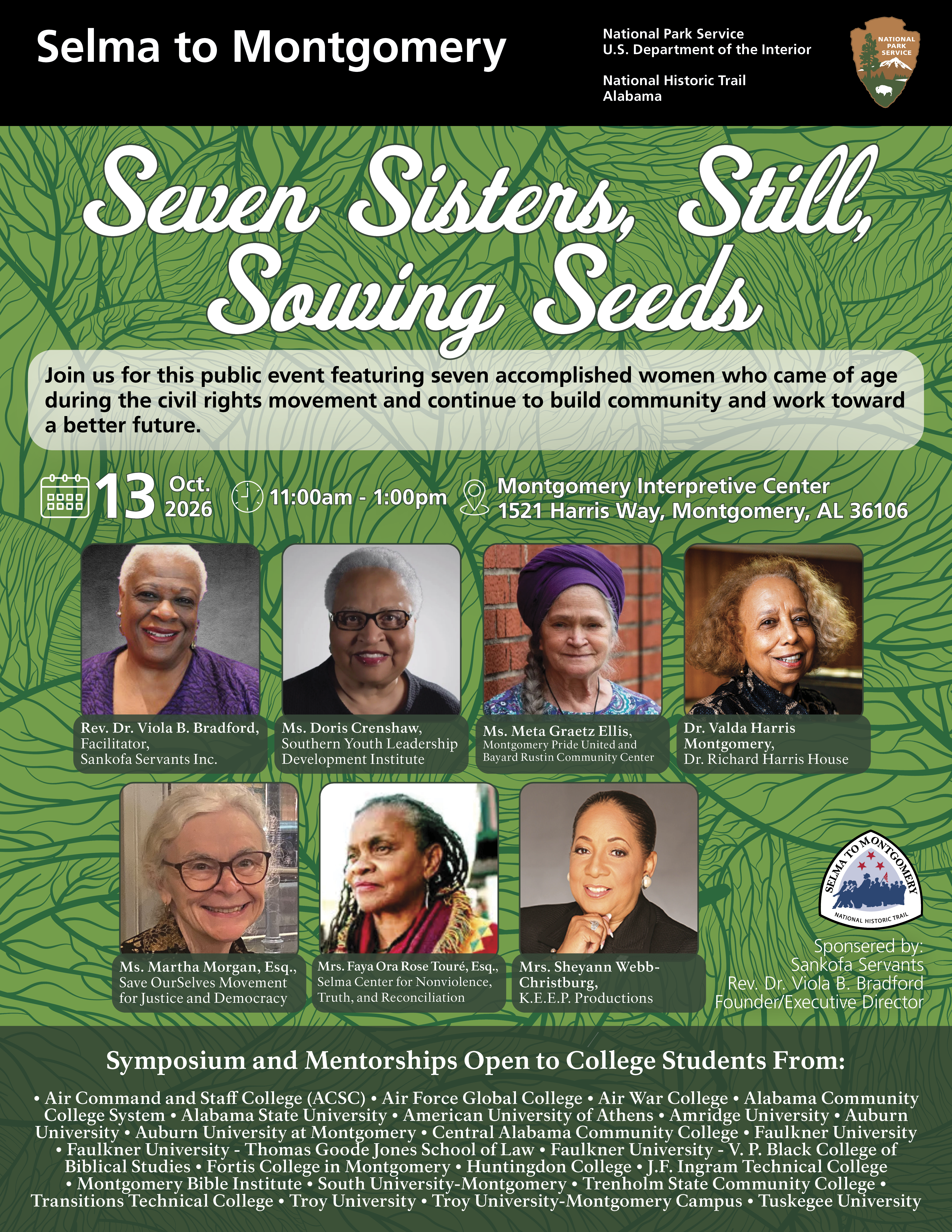 Green background with images of seven older women of different races.