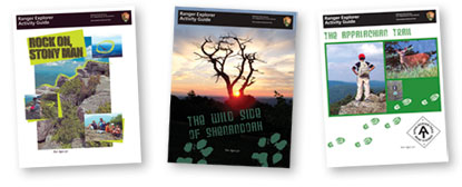 A graphic of the covers of the three new Shenandoah National Park Ranger Explorer Activity Guides.