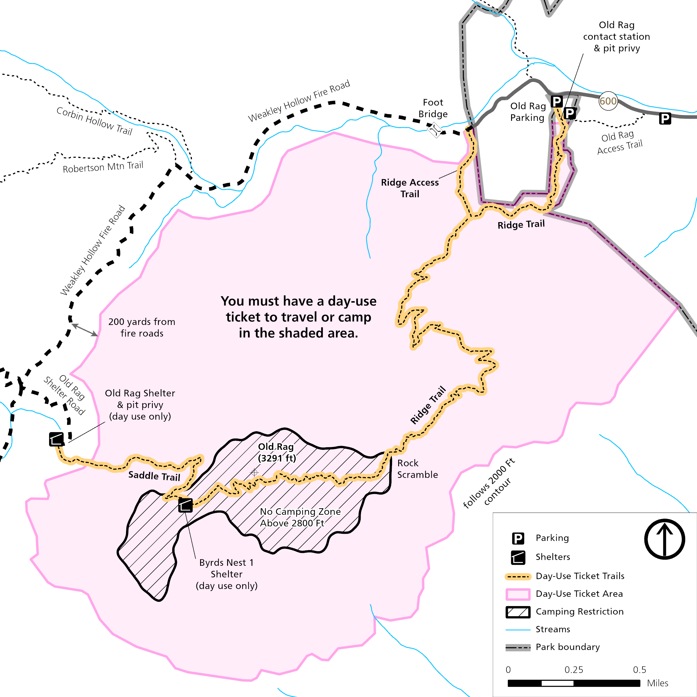 A map of the Old Rag area with highlighted trails.