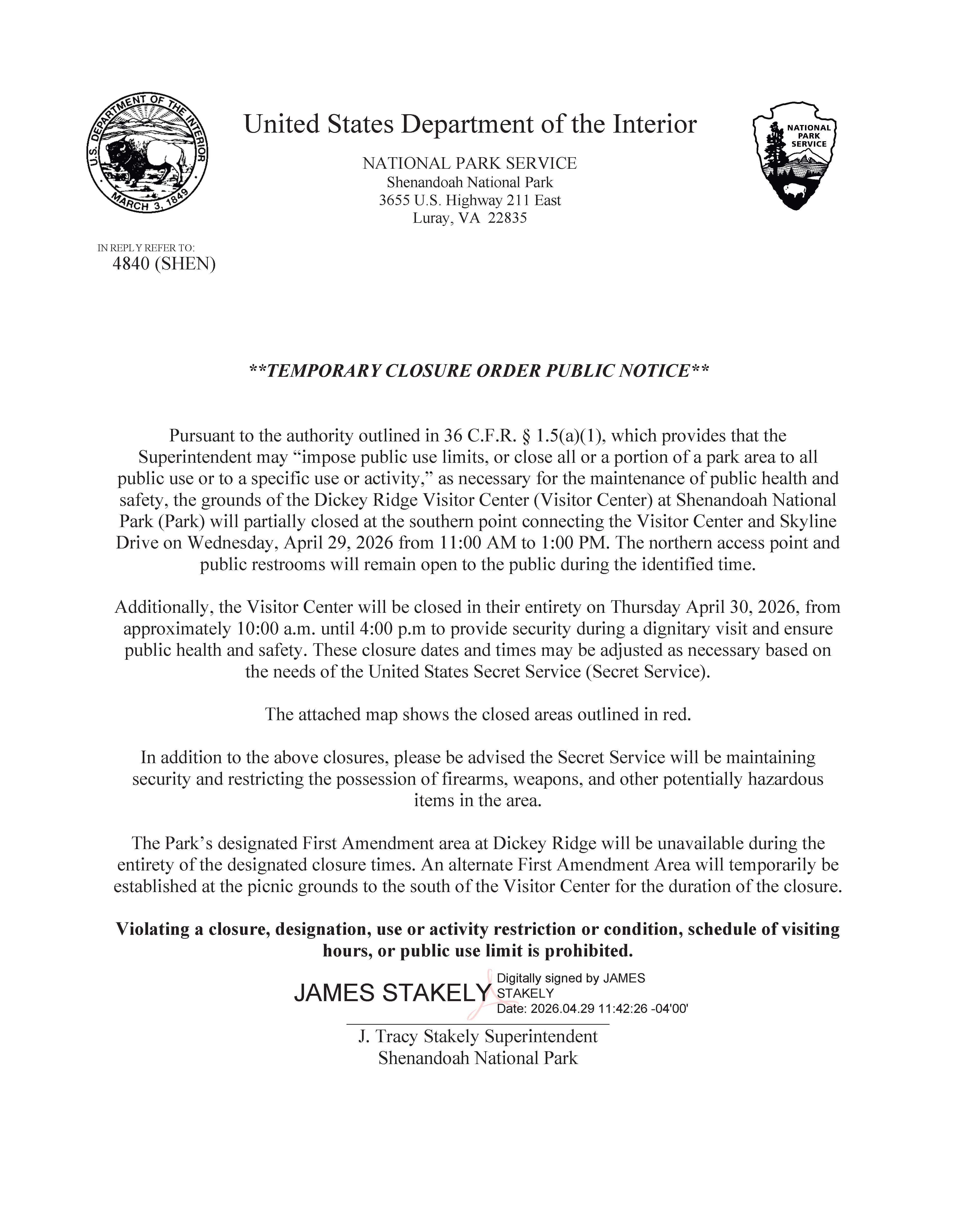 Temporary closure order with header and superintendent signature