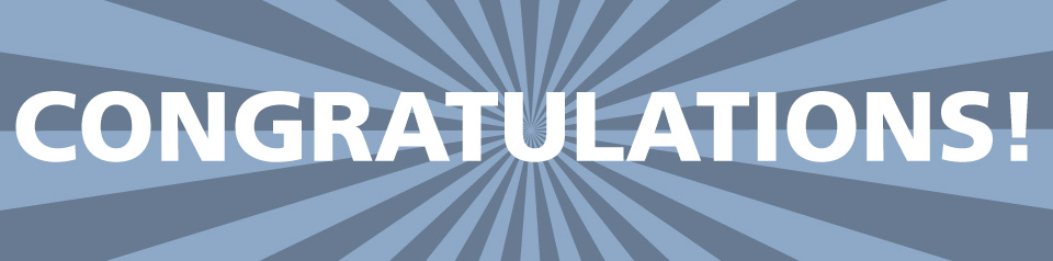 A graphic of the word Congratulations in front of a blue background.