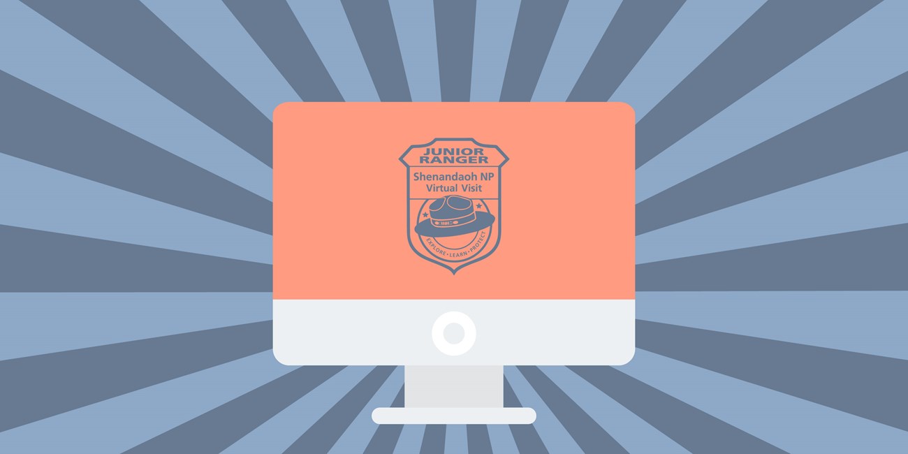 A graphic of a computer with a virtual junior ranger badge on it and sun rays behind it.
