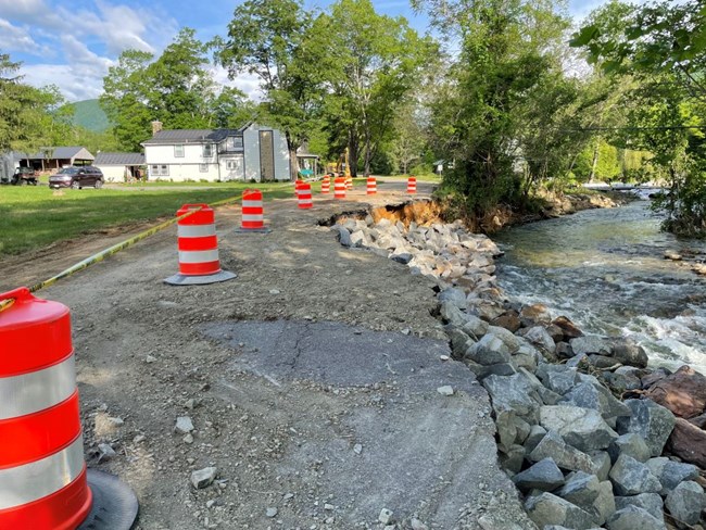 The river washed out a portion of Nethers Road. Virginia Department of Transportation has been working to stabilize it to prevent further collapse, adding large rocks to the area that's washed out.