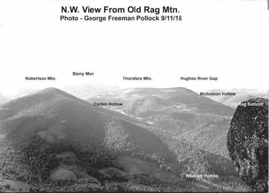 Northwest view from Old Rag with location captions. Cleared patches among dense forest can be seen in valleys.