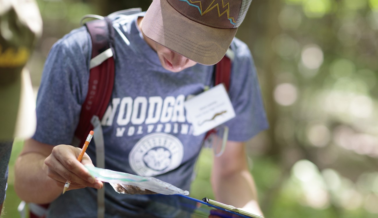 A man looks at a clipboard while out in the field.