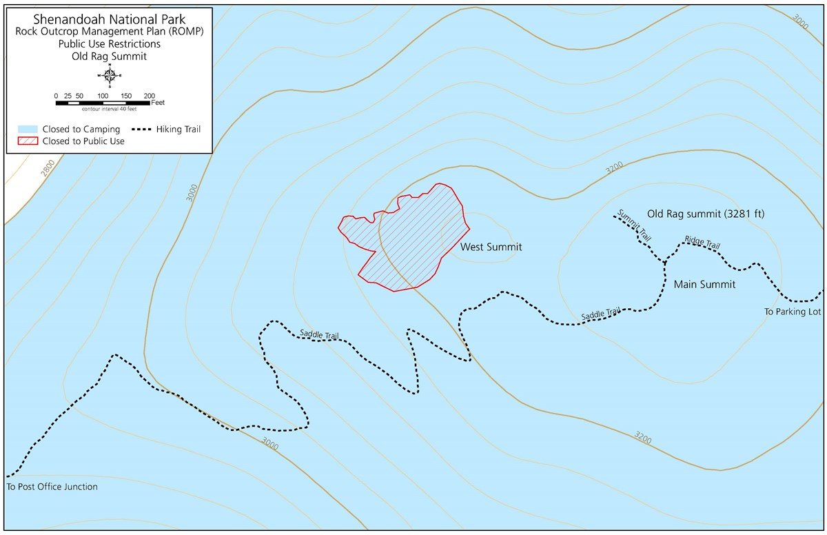 Map of closed to camping and closed to public use areas near Old Rag Summit.
