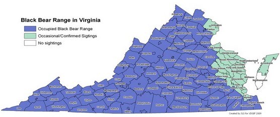 Black Bear Virginia county occurence map VADGIF 2009.