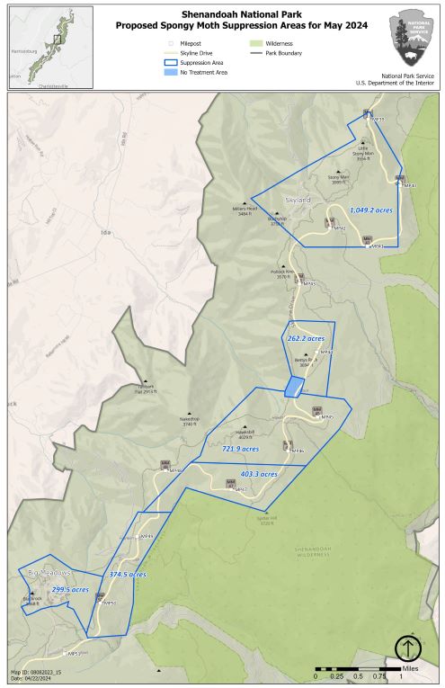 Map of Shenandoah National Park Proposed Spongy Moth Suppression Areas for May 2024 Map of Shenandoah National Park Proposed Spongy Moth Suppression Areas for May 2024