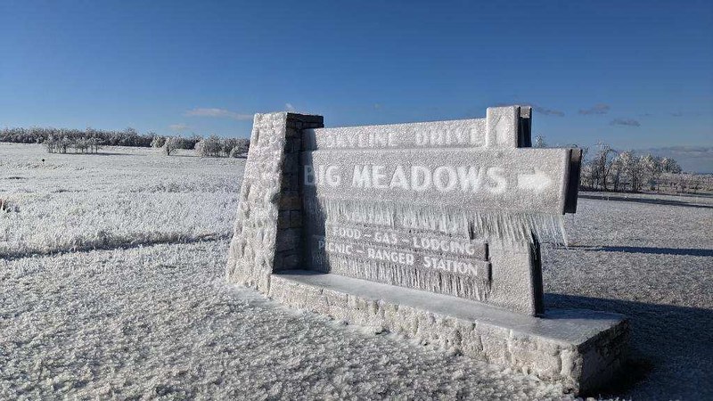 Ice covered sign for Big Meadows.