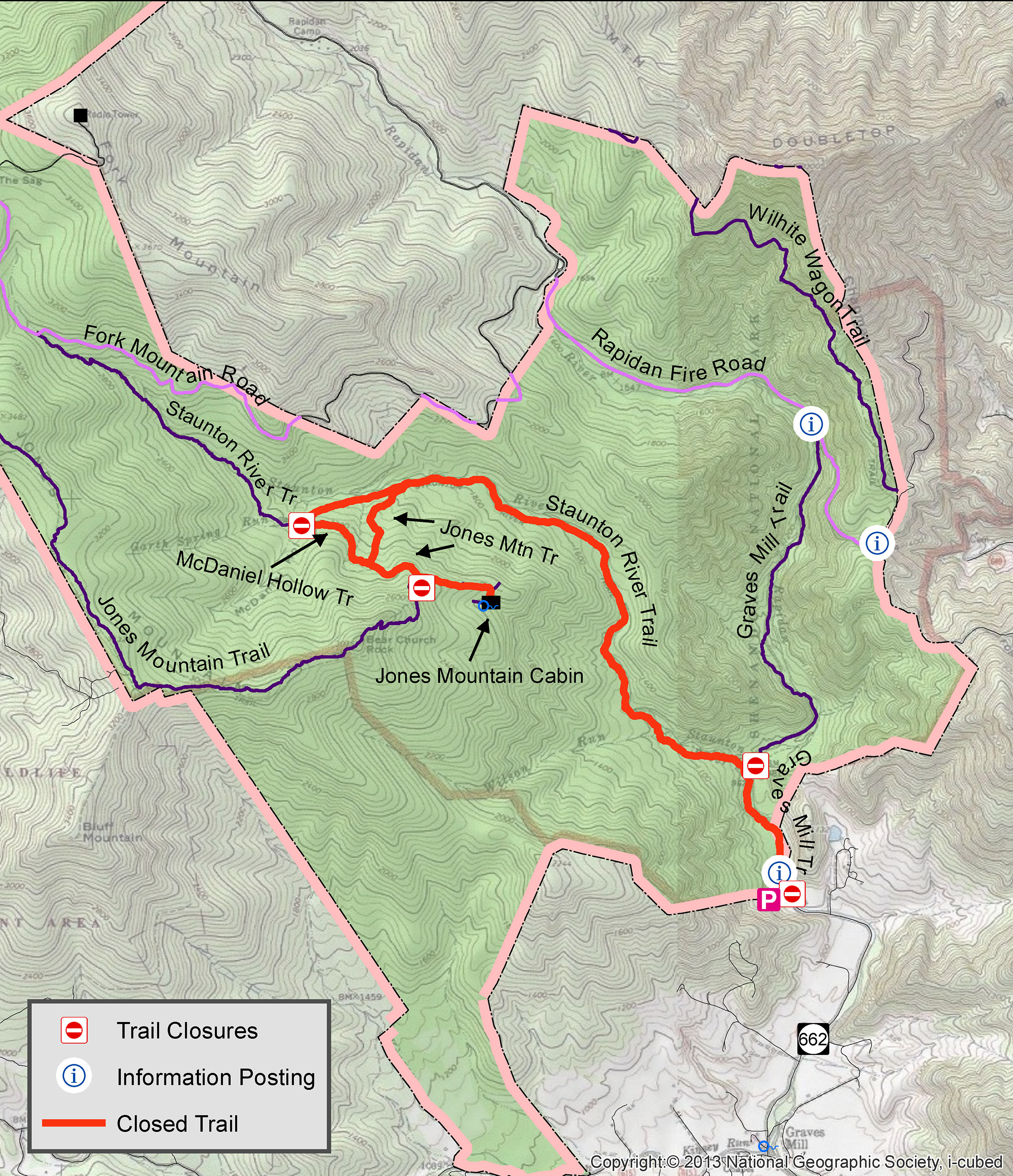 Jones MountainTrail Closure Posting - just map A map of closed trails near Jones River Cabin.