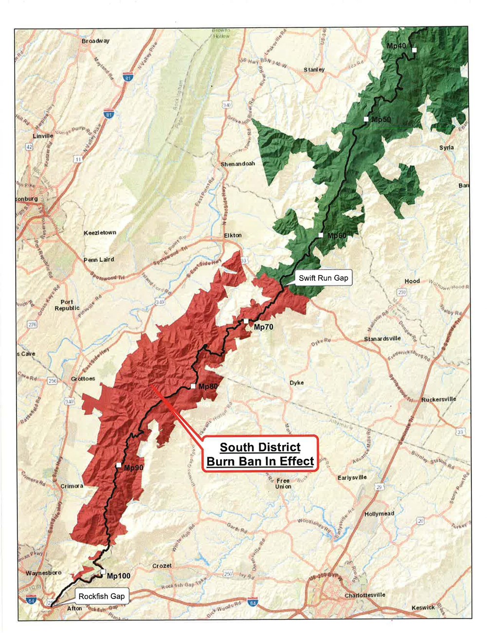 A map of the Shenandoah National Park shows the area that fires are currently banned in: the southern portion of the map, highlighted in red.