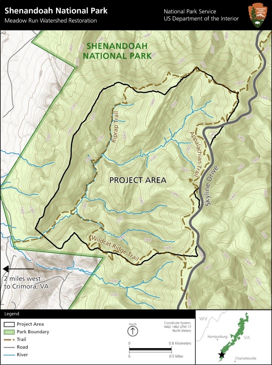 A map of the project are for the Meadow Run Restoration