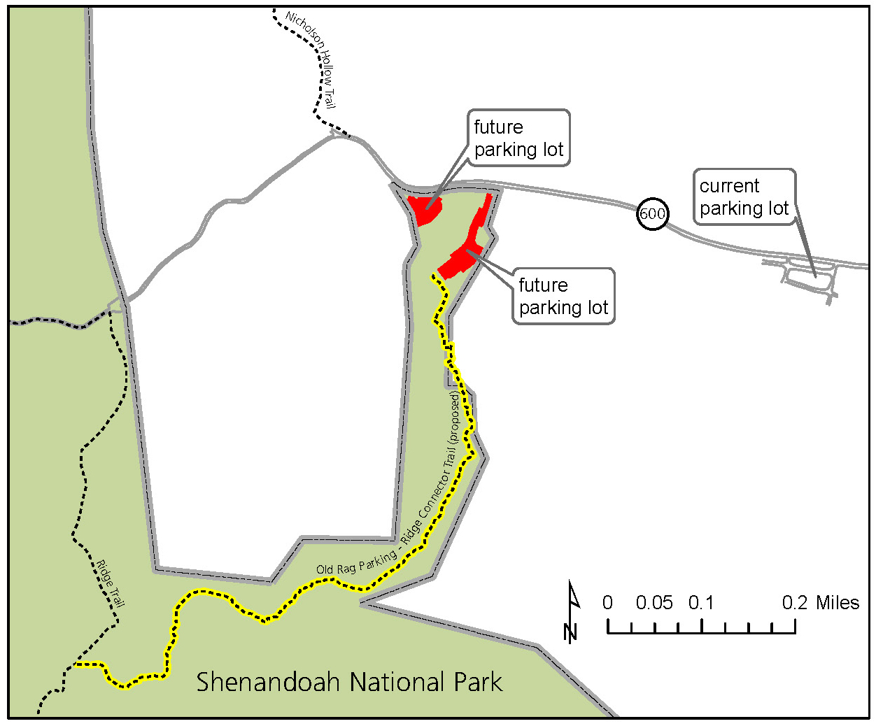 Map of locations of current and existing parking lots at Old Rag.